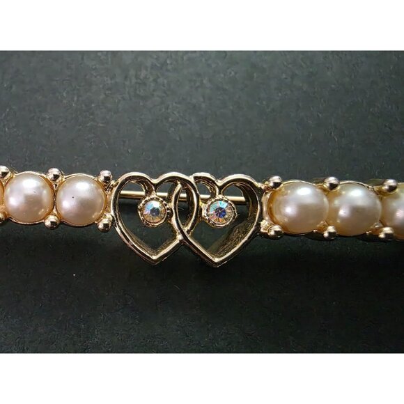 Sarah Coventry Waltz Time Gold Tone Faux Pearl & Rhinestone Heart Bar Pin - Picture 2 of 4